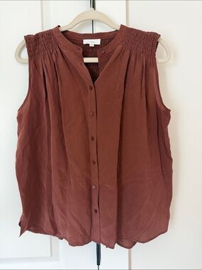 Smocked Yoke Sleeveless 100% silk Button-Front Blouse in Rust